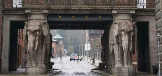 Elephant Gate in Carlsberg City, Copenhagen, with many holiday apartments available nearby