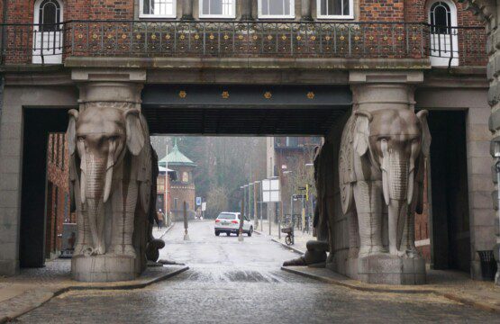 Elephant Gate in Carlsberg City, Copenhagen, with many holiday apartments available nearby