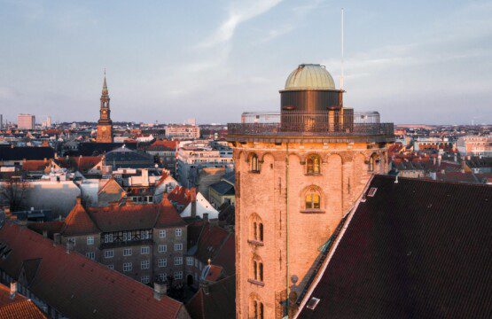 Arial view of the Round Tower in Copenhagen city centre, with nearby holiday apartments