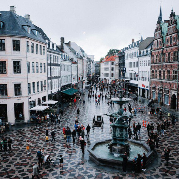 View of Strøget, Copenhagen, from an elevated perspective, highlighting shopping and lively streets. Perfect for visitors seeking holiday apartments near Strøget