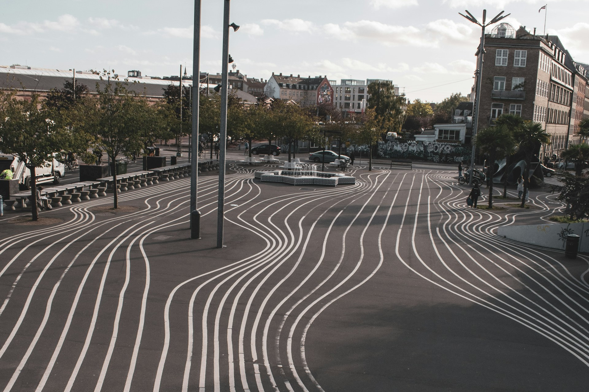 Superkilen Park in Nørrebro, Copenhagen, showcasing vibrant and eclectic design. A key feature of the lively local culture near holiday apartments in Nørrebro