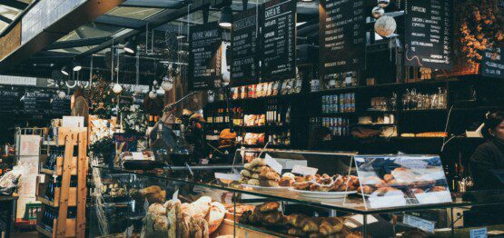 Delicious pastries at a bakery stand in Torvehallerne food market in Copenhagen