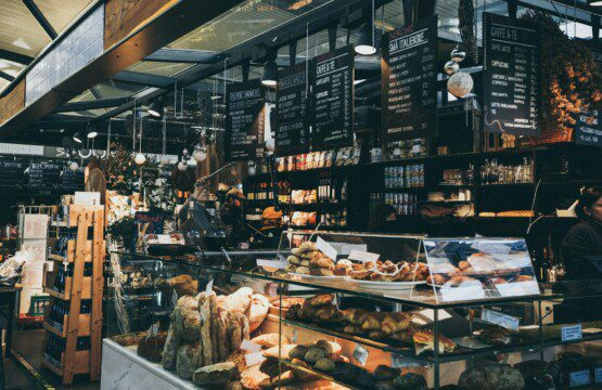 Delicious pastries at a bakery stand in Torvehallerne food market in Copenhagen